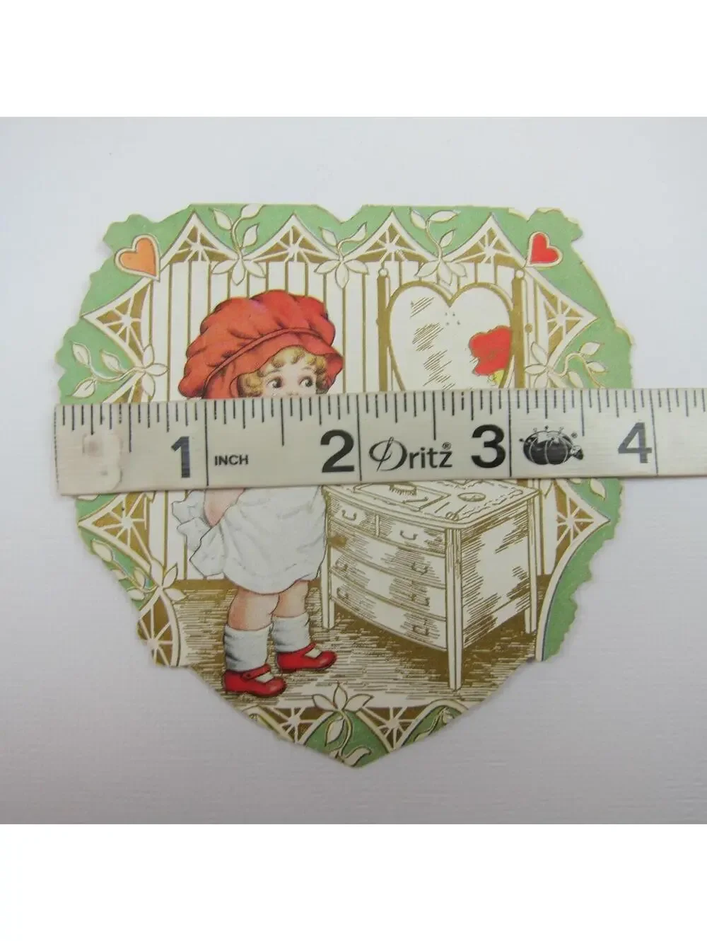 Valentine Card Girl Red Bonnet Dresser Mirror Green Gold Die cut Bifold Antique